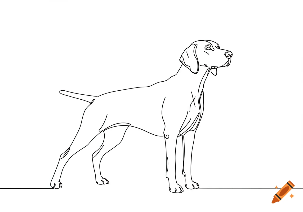 A single line drawing of a German Shorthaired Pointer dog standing on a white background.
