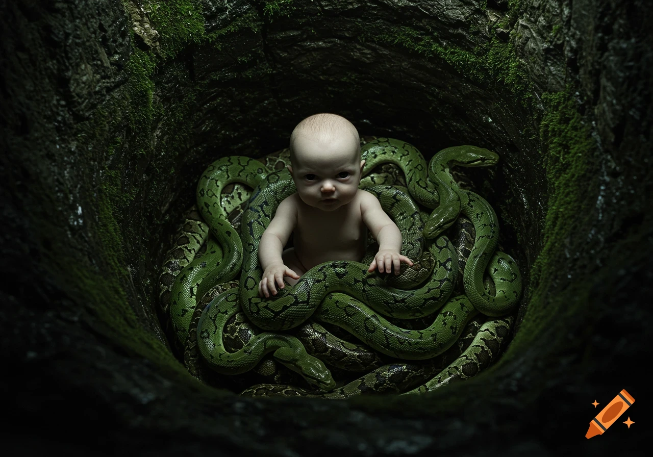 A baby sits among a pit of green snakes in a dark, mossy hole, looking directly at the viewer.