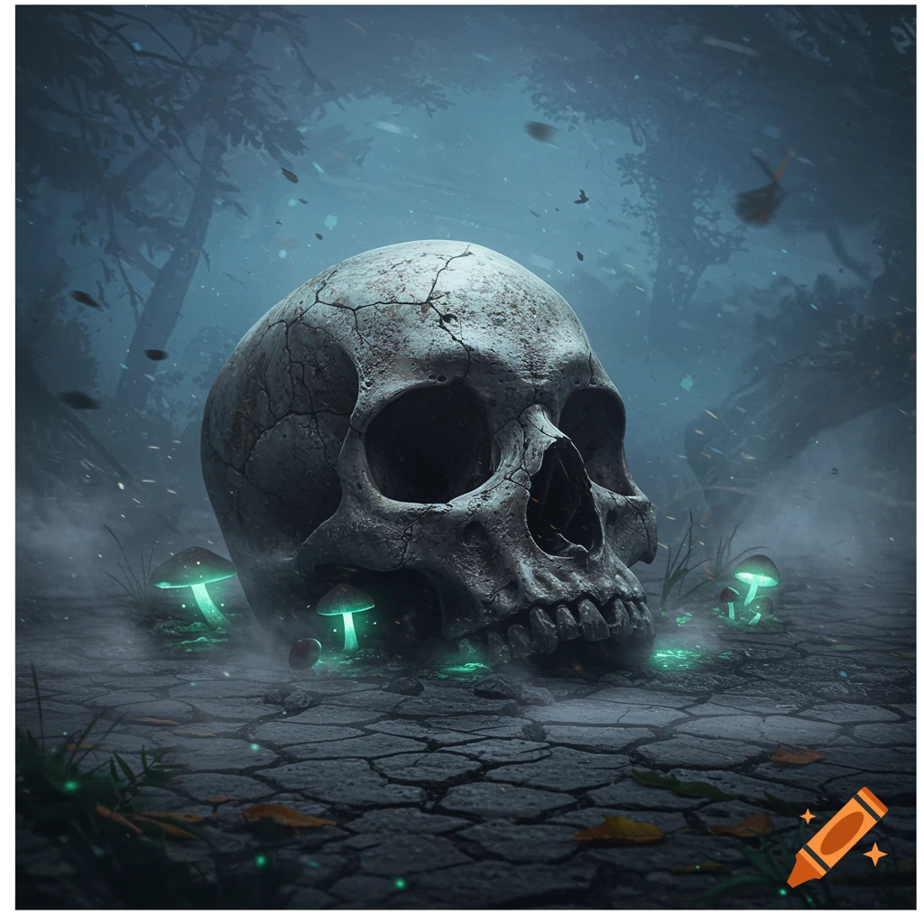 A large, cracked skull rests on dry, cracked earth in a misty, dark forest, surrounded by glowing green mushrooms.