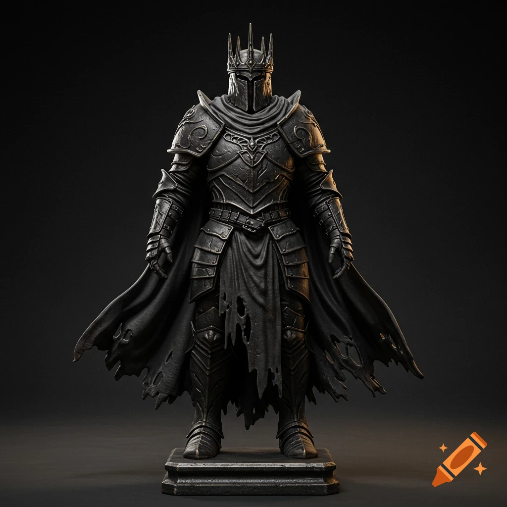 A dark fantasy chess king piece in ornate, decayed black armor with a tall crown and tattered cape, standing on a base.