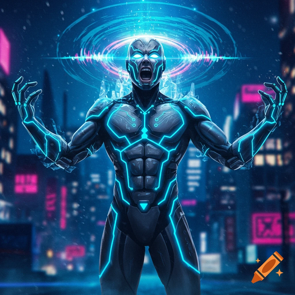 A futuristic superhero in a dark suit with glowing blue lines, screaming with energy, against a neon cityscape background.