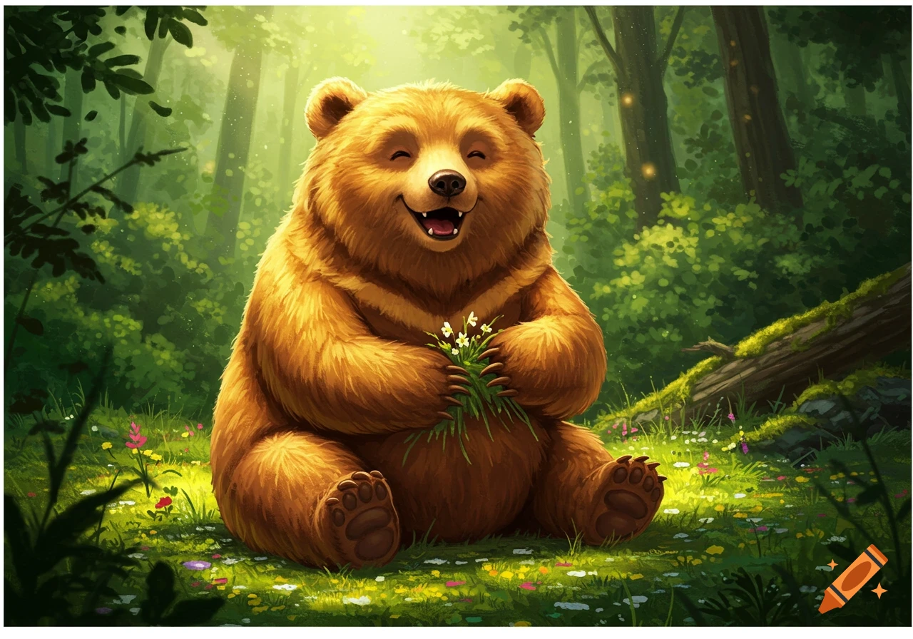 An adorable, happy cartoon bear sits in a sunlit forest, holding a small bouquet of white flowers.