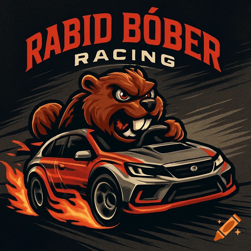 Aggressive cartoon beaver driving a flaming red rally car with 'RABID BÓBER RACING' text above it.