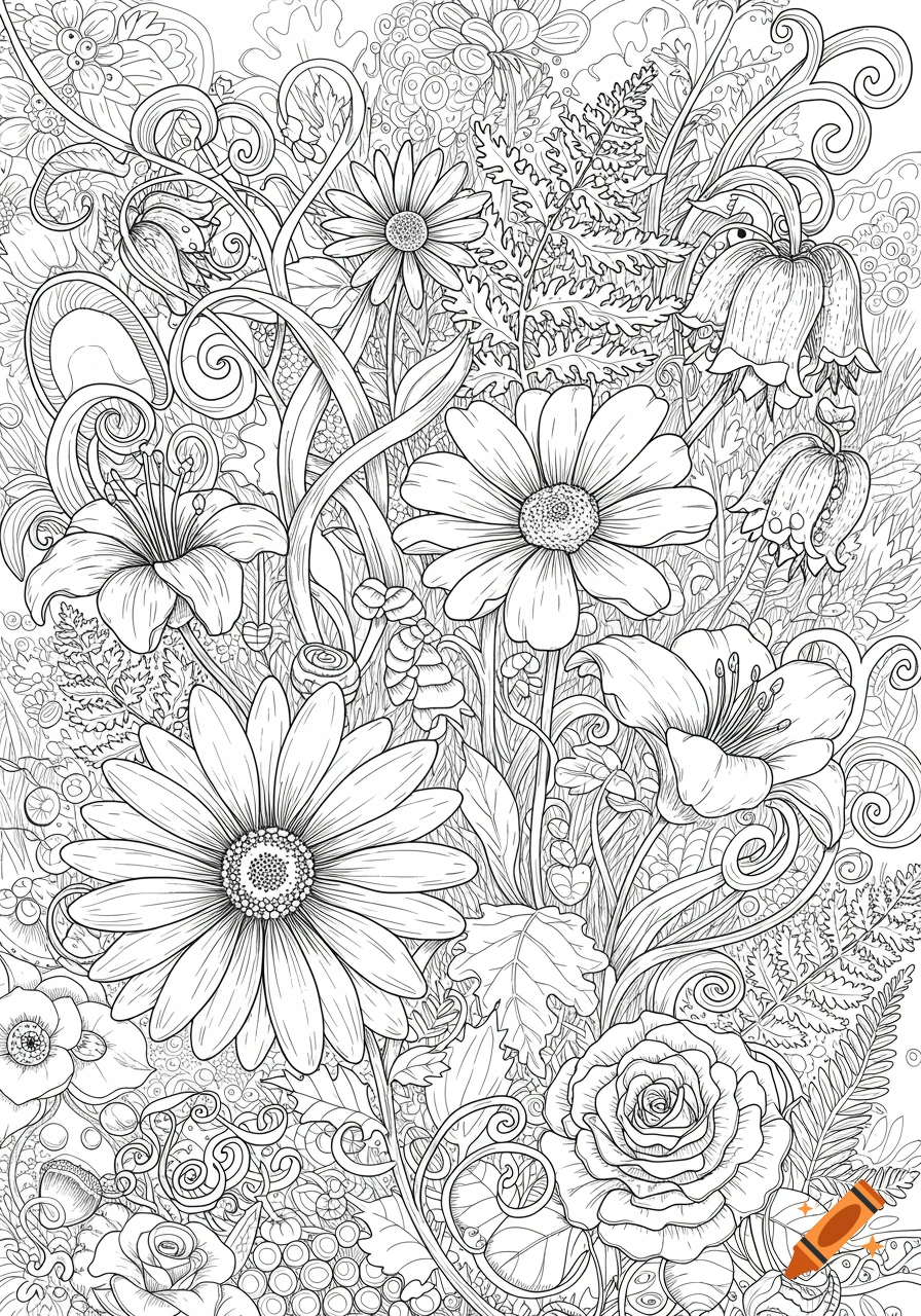 Detailed black and white line art of various flowers and foliage, suitable for coloring, in an intricate botanical composition.