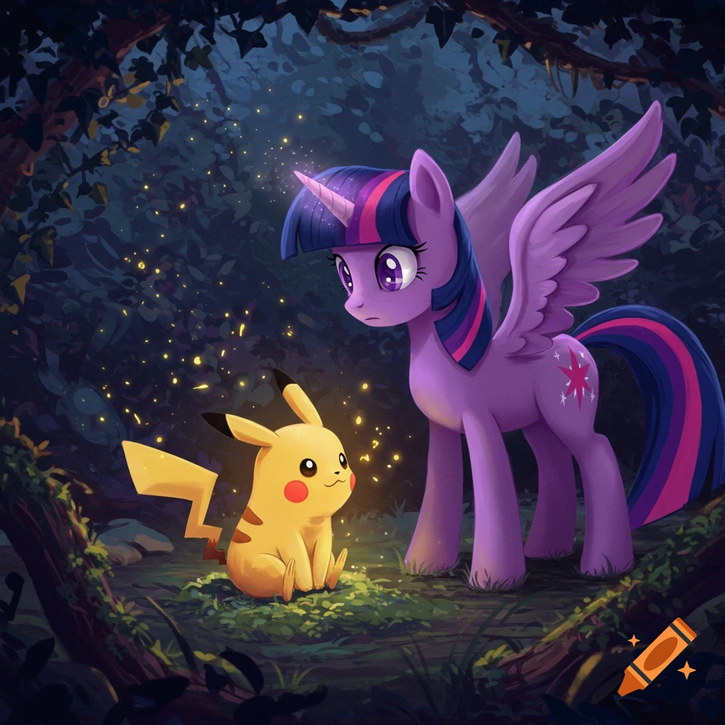 Purple unicorn Twilight Sparkle looking at yellow Pikachu in a magical, dark forest with fireflies.