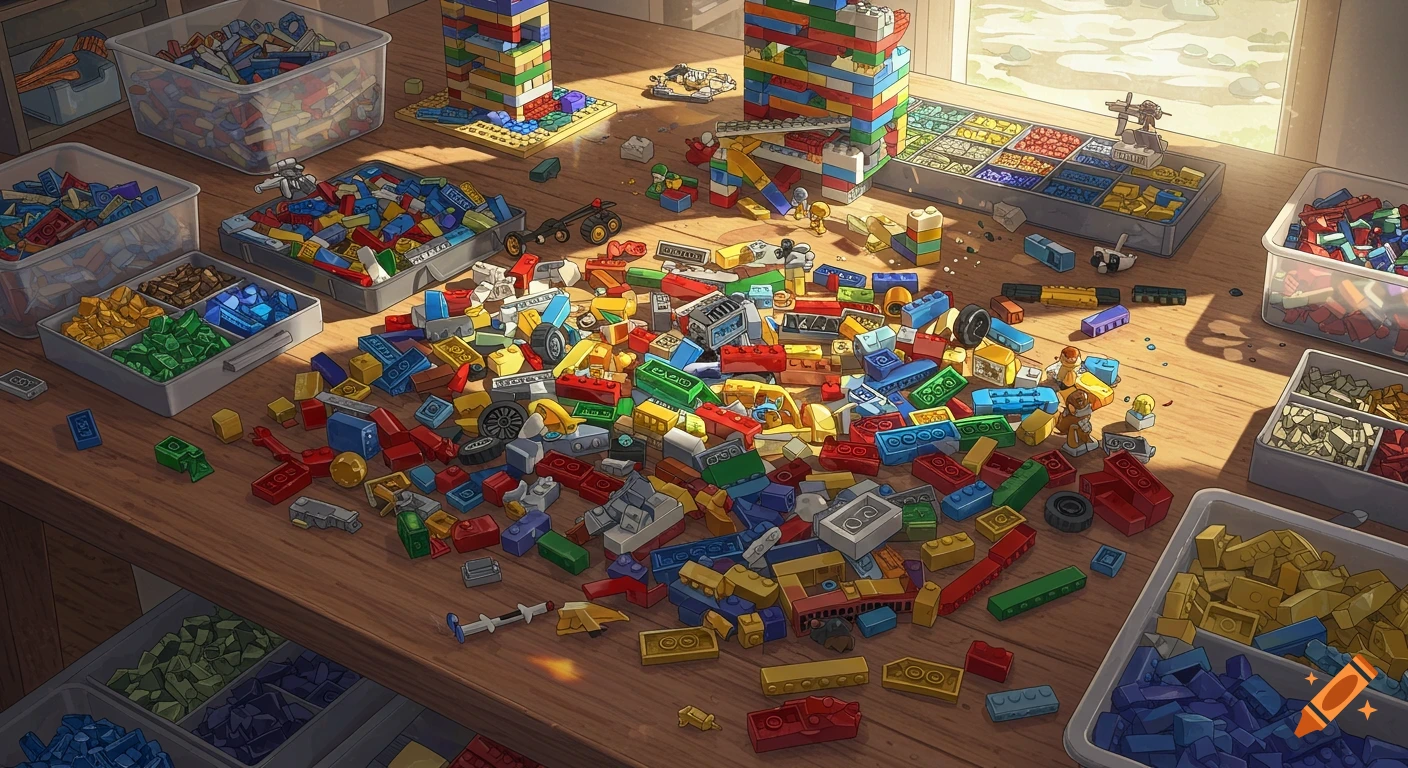 A colorful pile of Lego bricks scattered on a wooden table, with some organized in bins and two tall towers built in a brightly lit room.