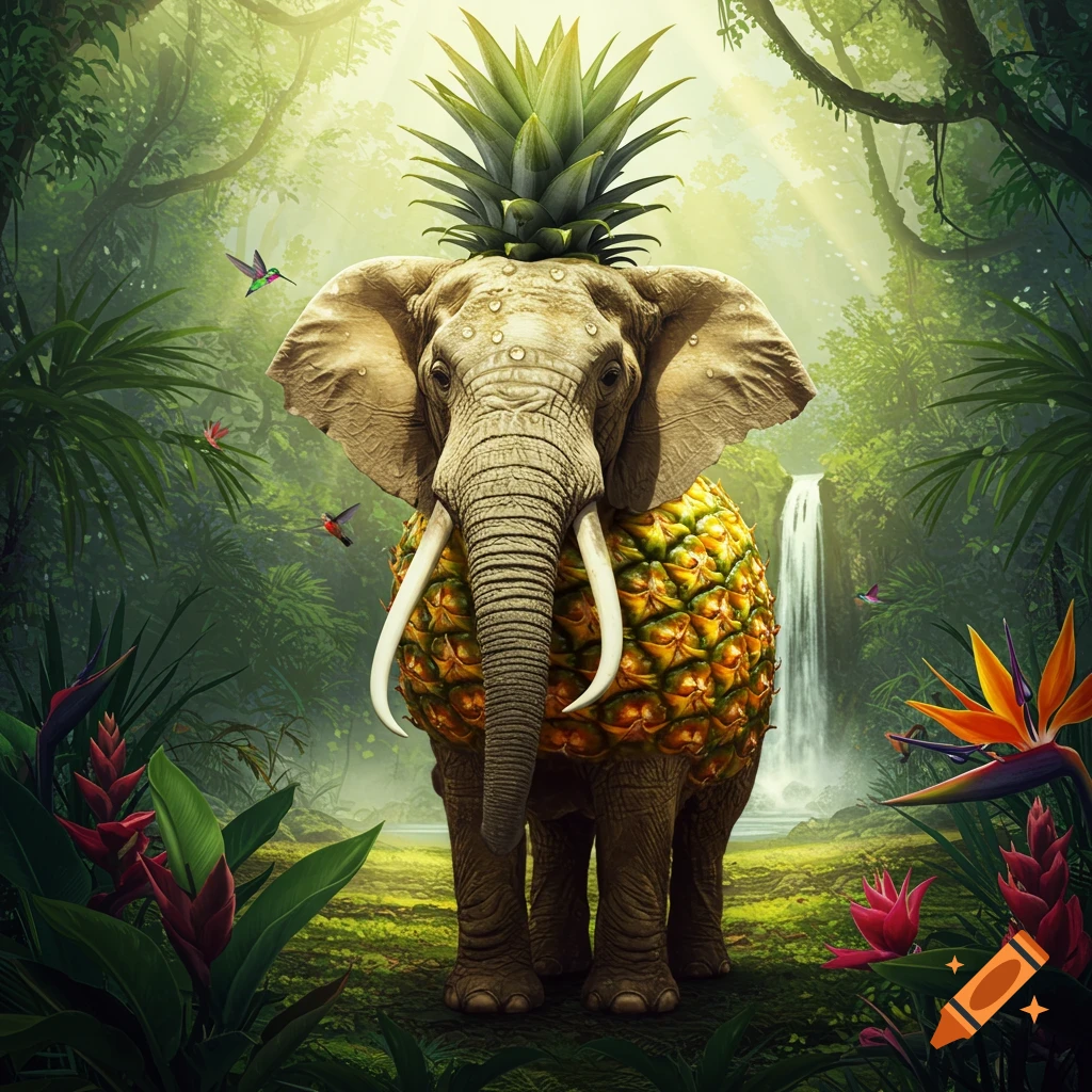An elephant with a pineapple for a body stands in a lush jungle with a waterfall, vibrant plants, and hummingbirds.