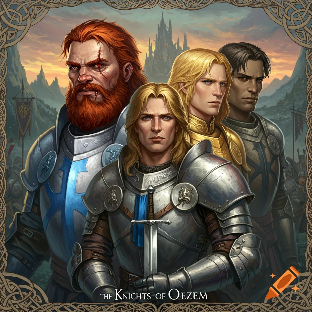 Four armored knights, including a red-haired man and two blondes, stand before a castle in a fantasy art style.