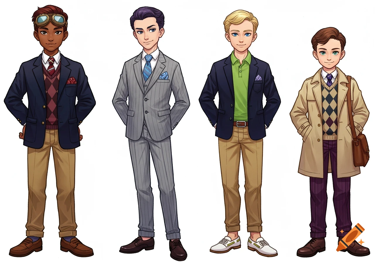 Four preppy boys in various stylish outfits, rendered in anime style on a white background.