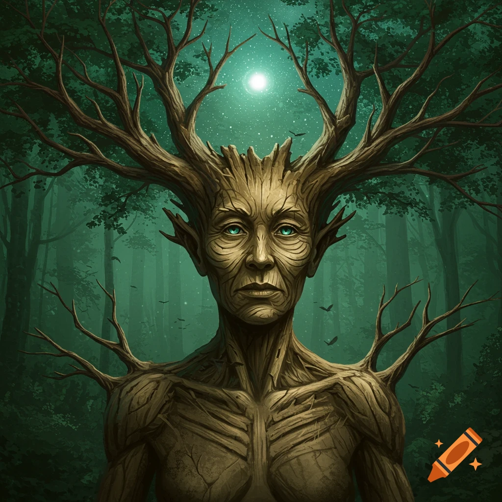 A gnarled tree-like humanoid with branches for hair and limbs, and glowing blue eyes, stands in a dark forest under a bright moon.