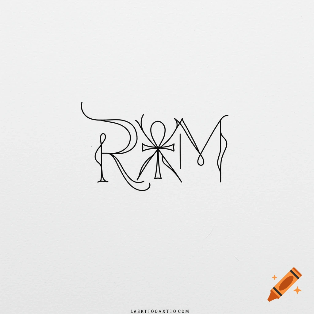 Minimalist black line art tattoo design with interwoven letters R and M, featuring an Ankh symbol in place of the X.