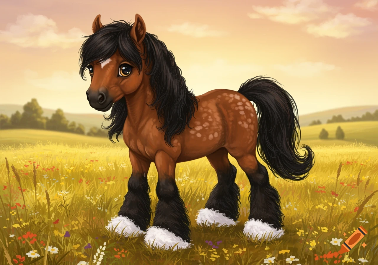 A cute, brown cartoon horse with a black mane, black tail, and fluffy black and white hooves stands in a field of colorful wildflowers.