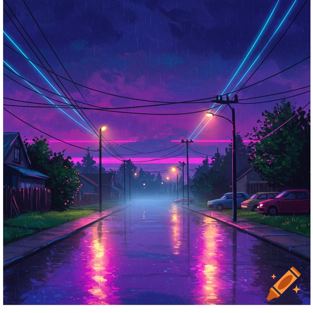 A vibrant synthwave-style street scene at night, featuring a wet road reflecting neon lights and a purple-pink sky during a rainstorm.