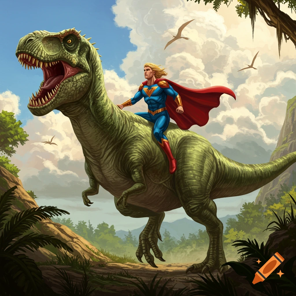 A superhero with blond hair and a red cape rides a green T-Rex in a lush, cloudy landscape with pterodactyls flying.