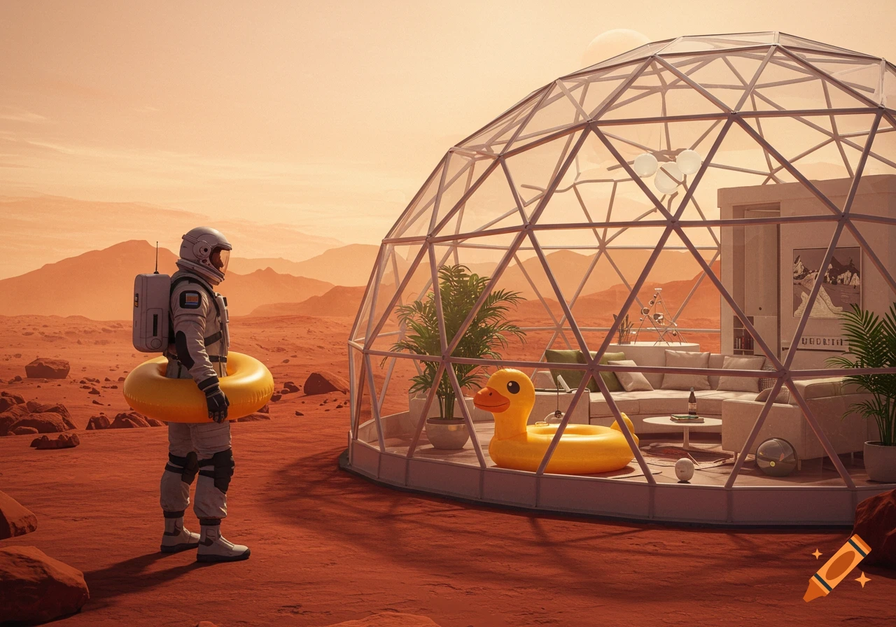 An astronaut wearing an inflatable rubber duck float stands on the red Martian landscape, looking towards a transparent geodesic dome house.