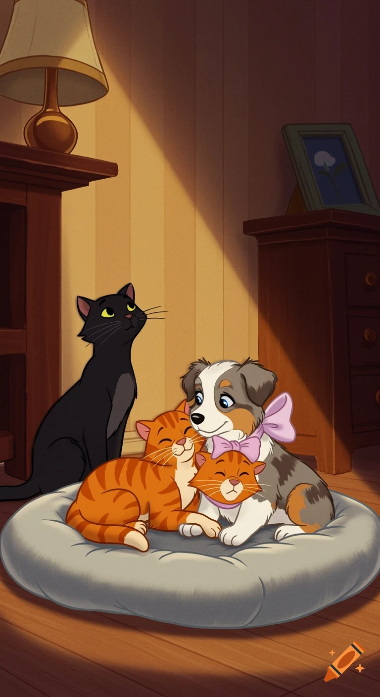 A black cat, an orange tabby, and a tricolor Australian Shepherd puppy with a pink bow in a cozy living room, in a Disney animation style.