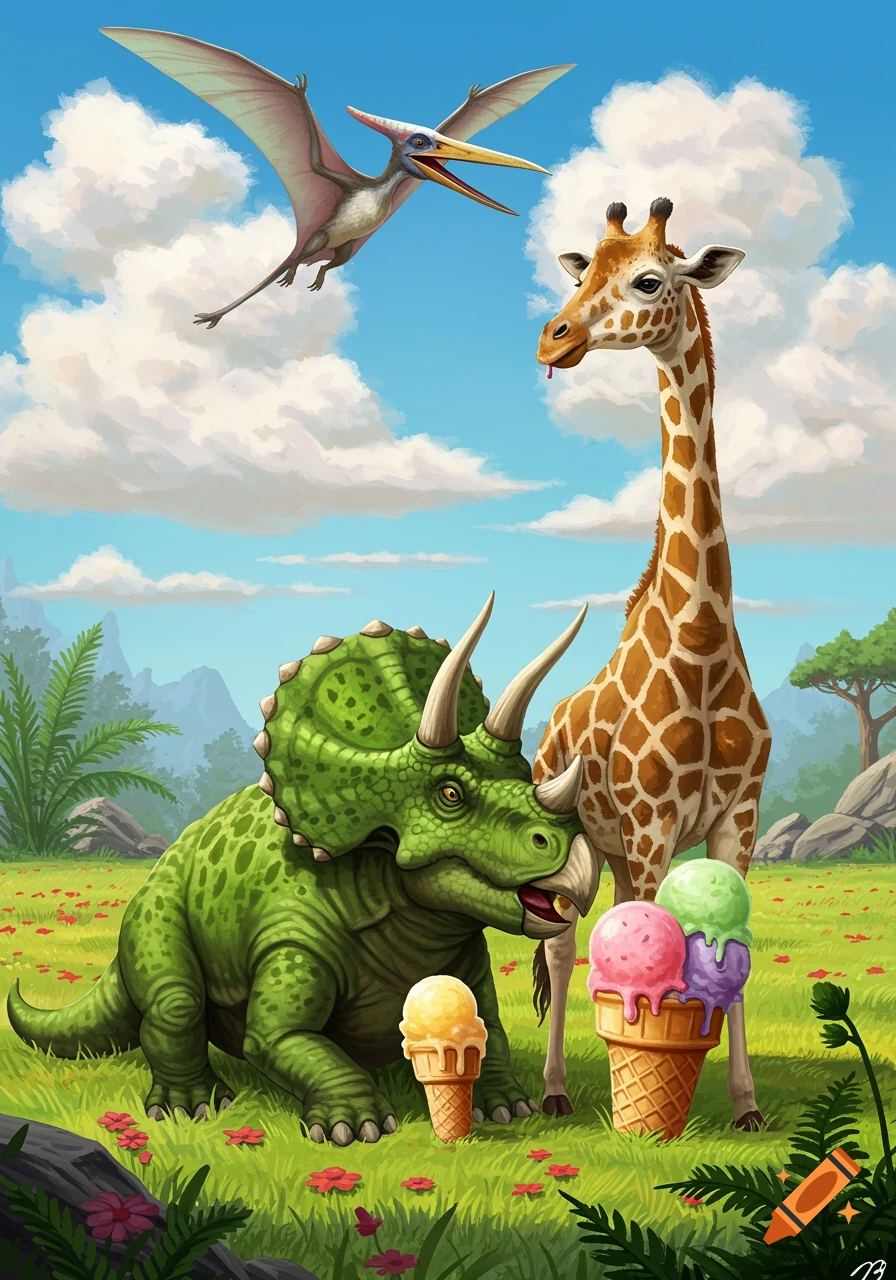 A vibrant cartoon image of a triceratops and giraffe on a grassy field with a pterodactyl flying overhead, all eating ice cream cones.