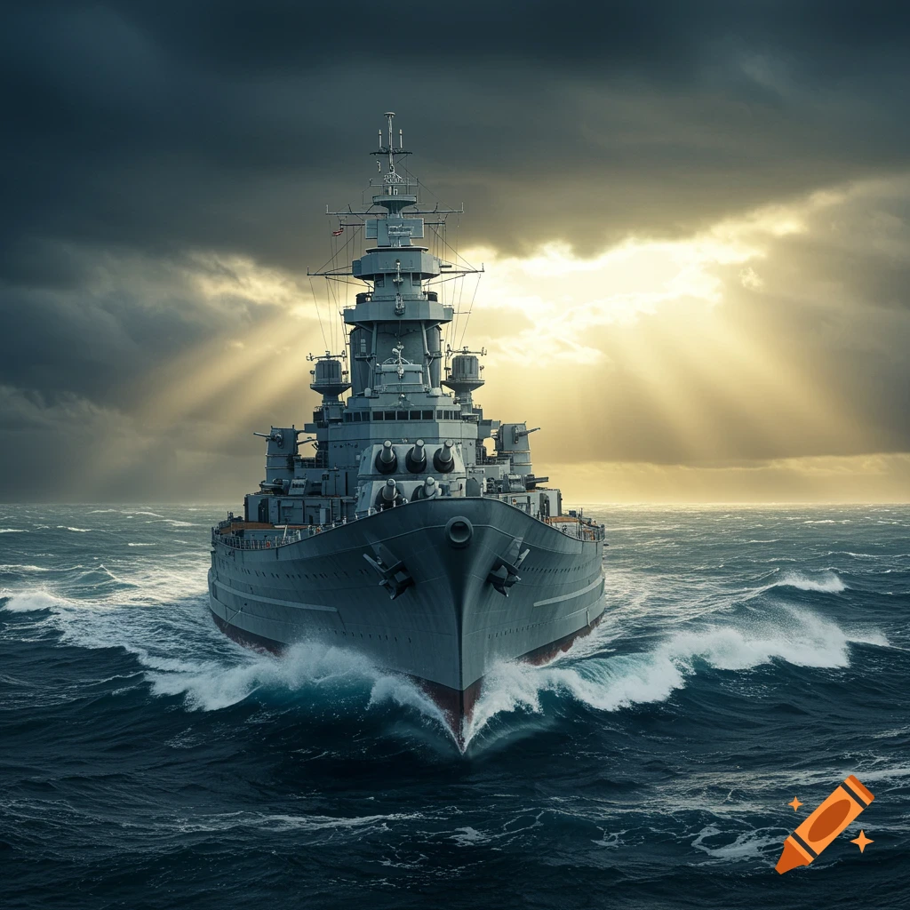 A large battleship sails through rough seas under a dramatic sky with sun rays breaking through dark clouds.
