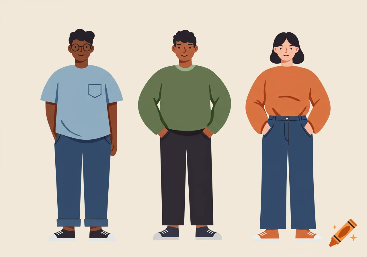 Three diverse adults, two men and one woman, standing in a simple flat illustration style.