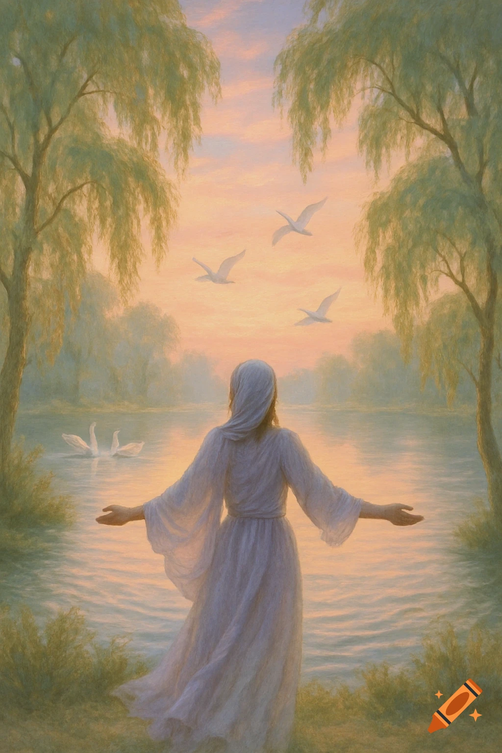 Painterly scene of a figure in a white robe with outstretched arms by a calm lake at sunset, surrounded by willow trees, flying birds, and swans.