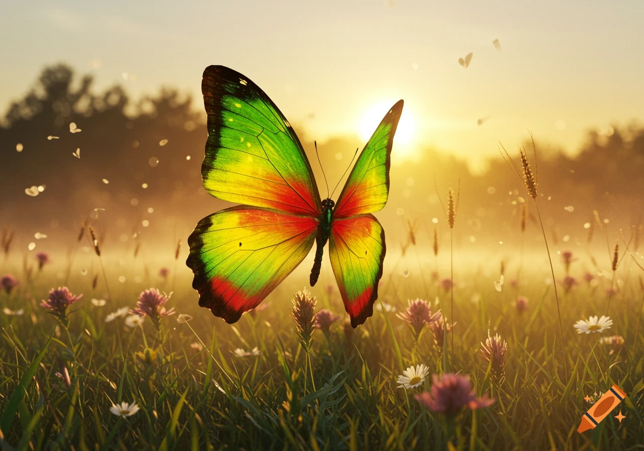 A vibrant green, yellow, and red butterfly with open wings hovers over a field of wildflowers at sunset.
