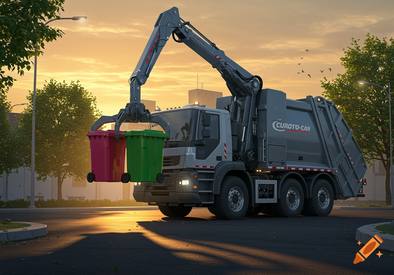 A large grey garbage truck with a robotic arm lifts a red and a green recycling bin at sunrise on a city street.
