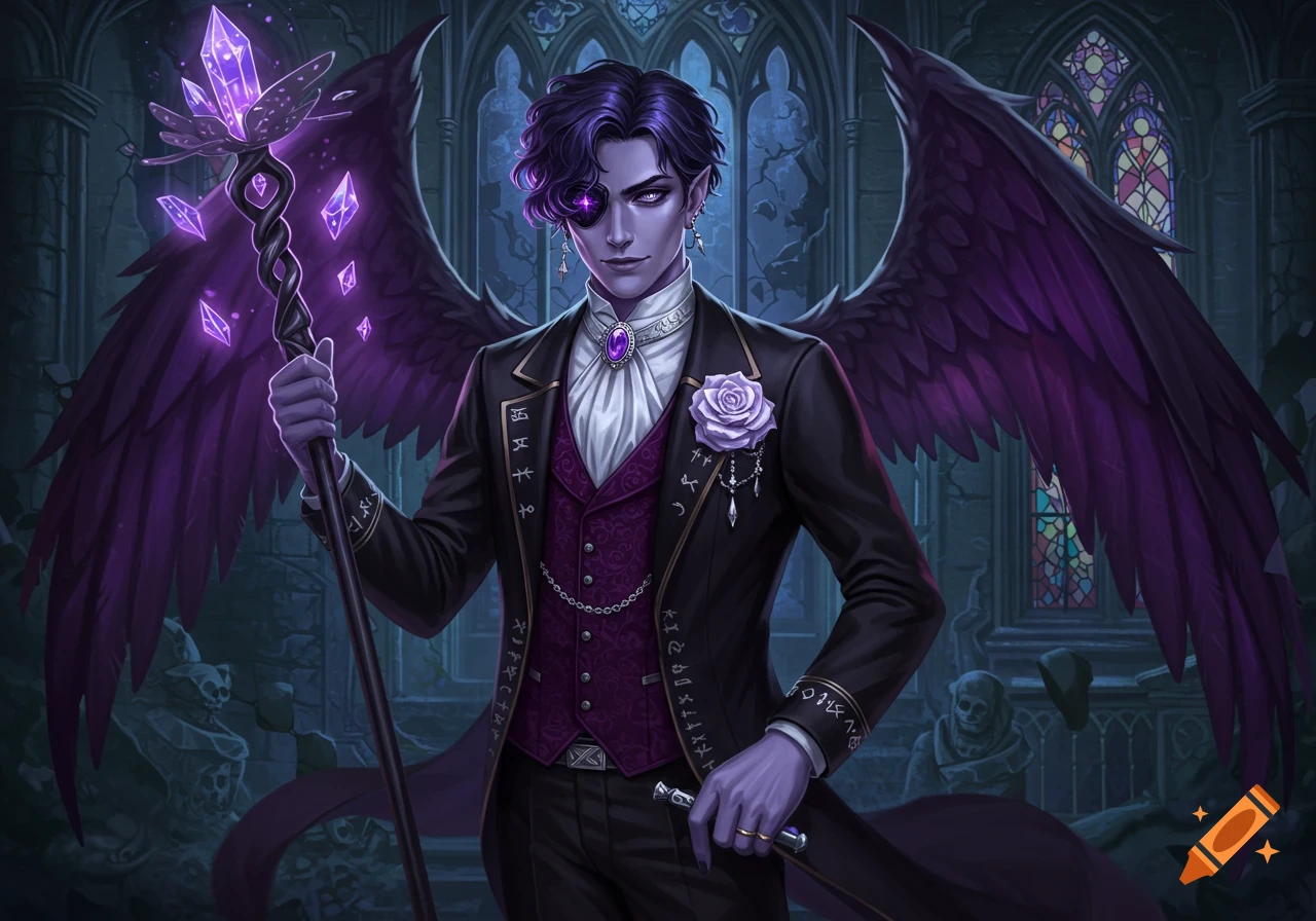 An anime-style male character with violet hair and skin, black wings, and a gothic suit, holding a staff in a ruined gothic setting.