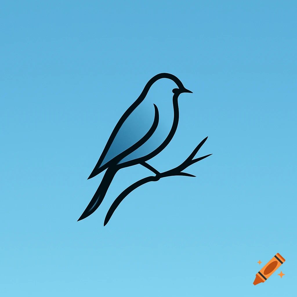 A minimalist blue bird logo perched on a branch against a light blue background.