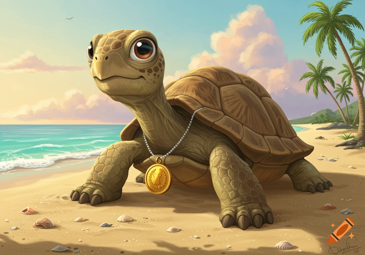 A cute cartoon turtle wearing a gold medal on a sandy beach with palm trees and ocean at sunset.