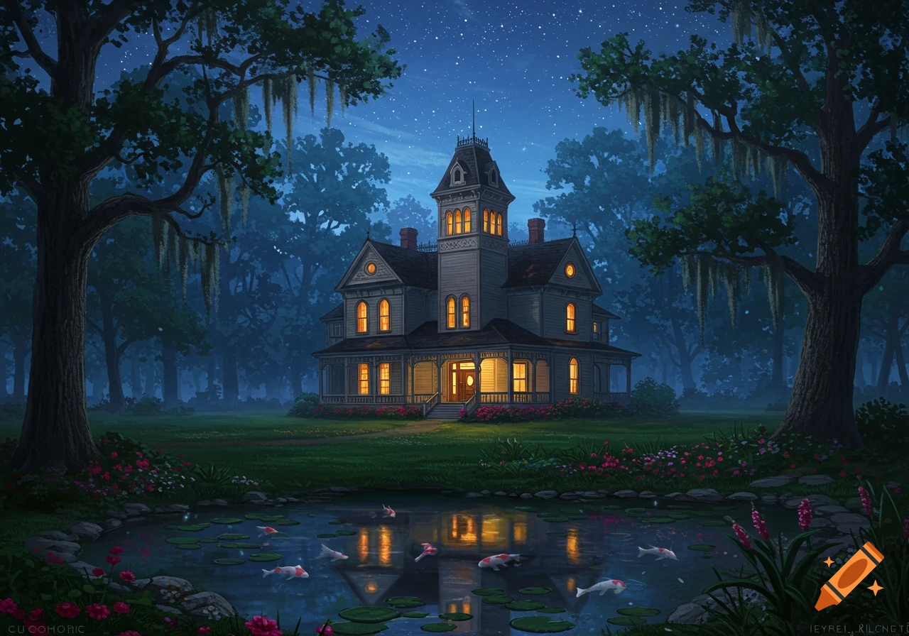 A large Victorian-style house with glowing windows stands in a moonlit forest with a pond reflecting the light.