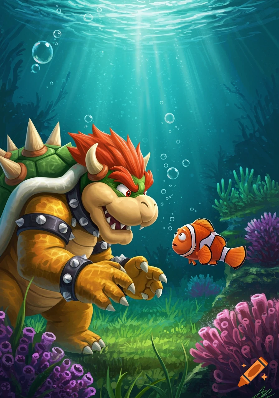 Bowser, a large turtle-like creature, looks down at a small orange clownfish in a vibrant underwater scene with coral and plants.