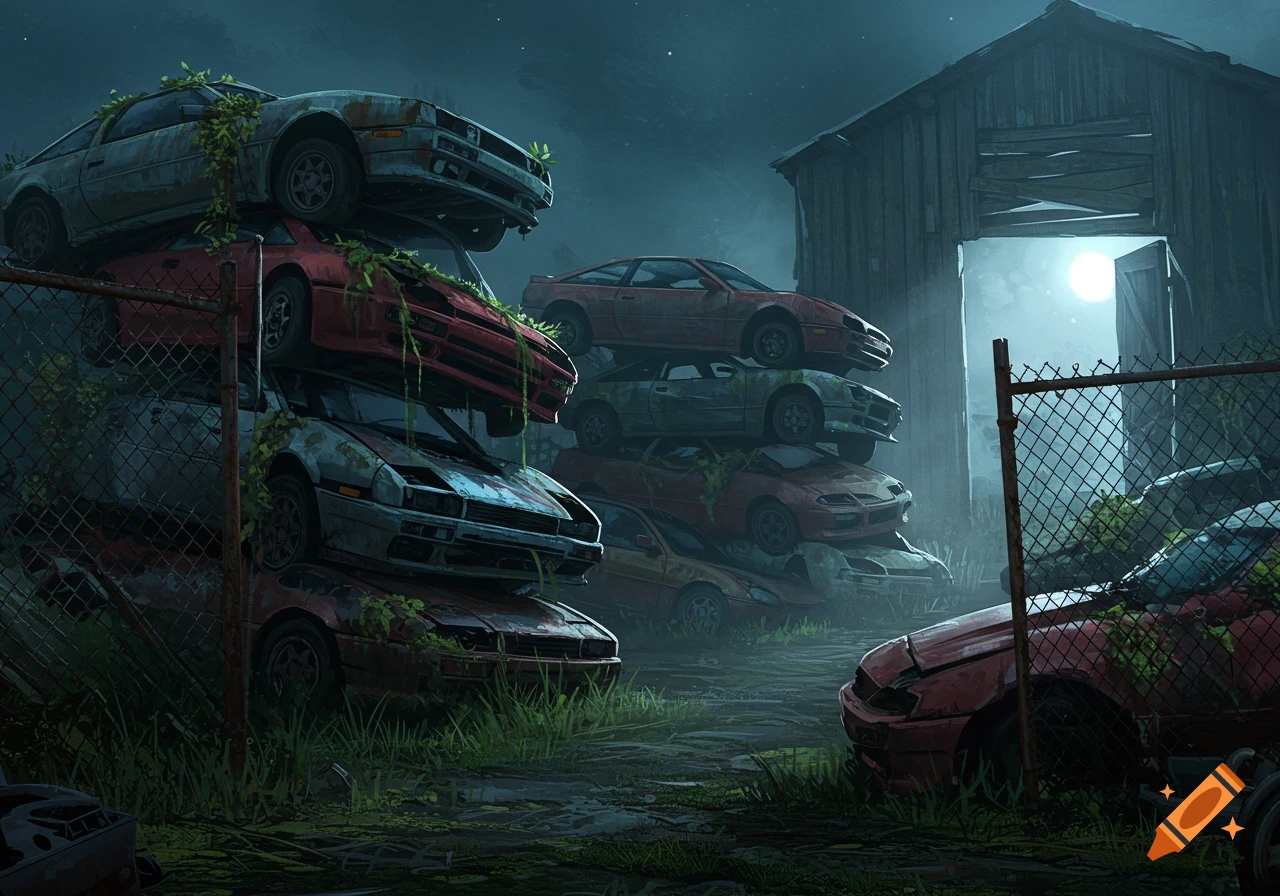 A dark, moody night scene of old, rusty sports cars stacked in unstable piles in an overgrown junkyard, with a brightly lit barn in the background under a full moon.