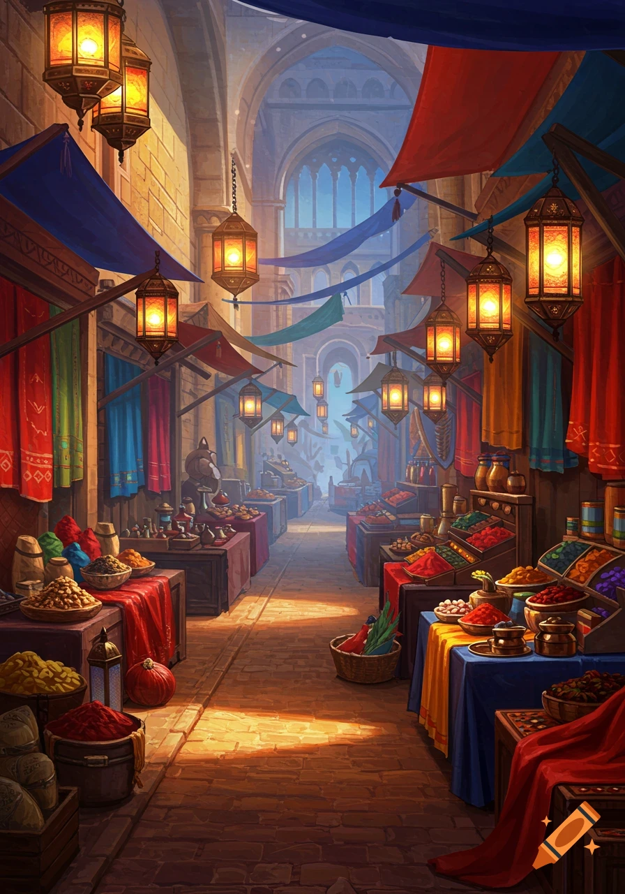 A vibrant, colorful marketplace alley with glowing lanterns hanging above stalls filled with spices and goods, leading to an arched doorway.