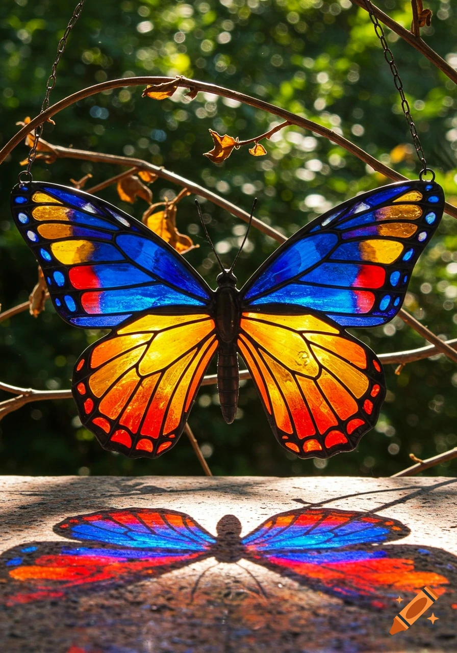 A vibrant stained glass butterfly with blue, yellow, and orange wings hangs, casting a colorful shadow on a surface.