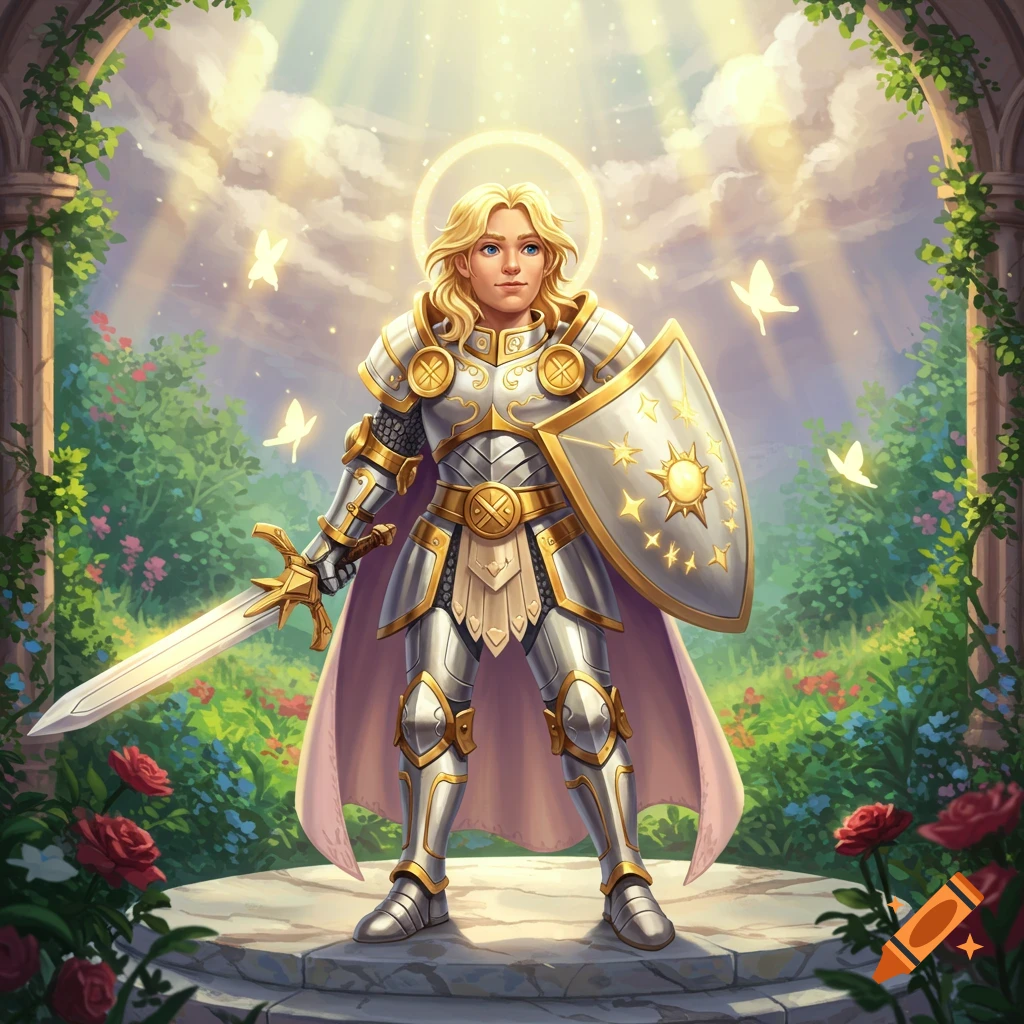 A cartoon blonde paladin in shiny silver and gold armor holds a sword and shield in a bright, ethereal garden.