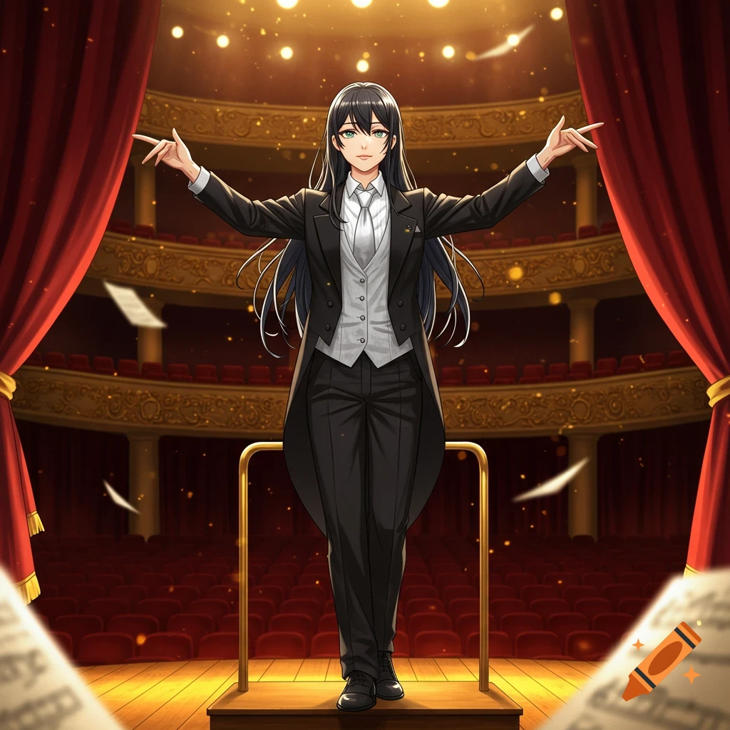 An anime girl in a white tie and coattails conducts an orchestra on a stage in a grand concert hall.