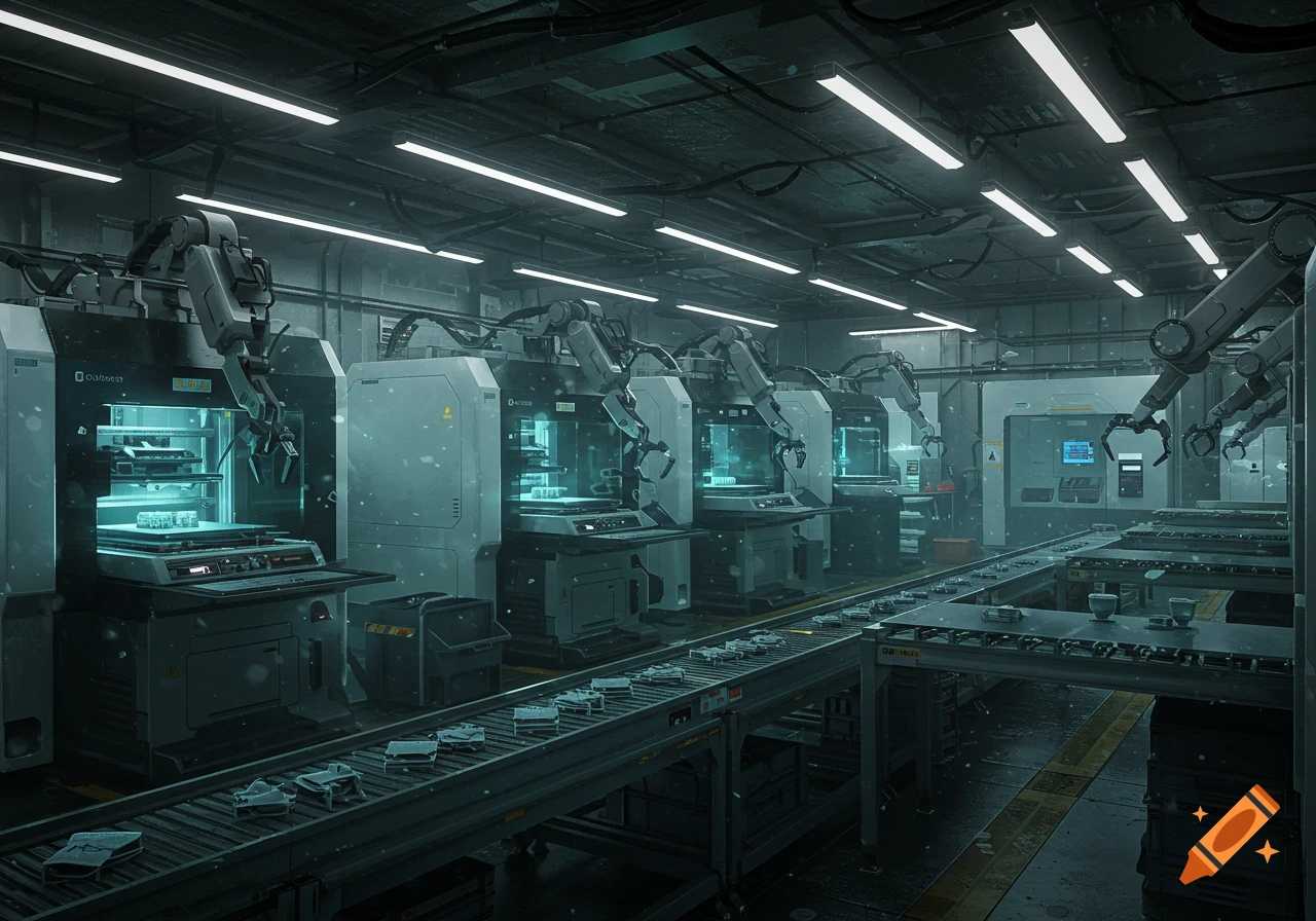 Photorealistic image of a futuristic 3D print farm with robotic arms operating machines in a large, dimly lit industrial facility.