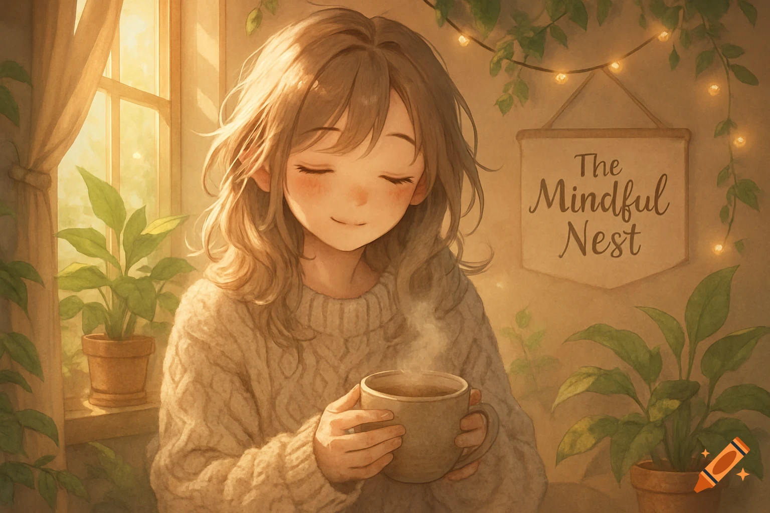 An anime girl with long hair, eyes closed, smiling while holding a steaming mug by a sunny window with plants and fairy lights. A sign reads 'The Mindful Nest'.