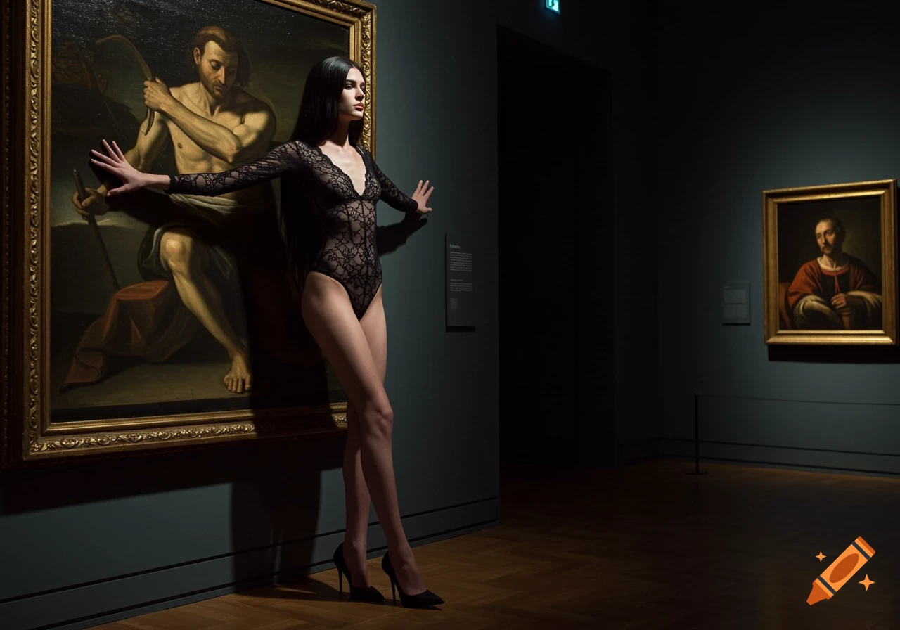 A woman in a black lace bodysuit and heels leans against a large classical painting in a dark museum.