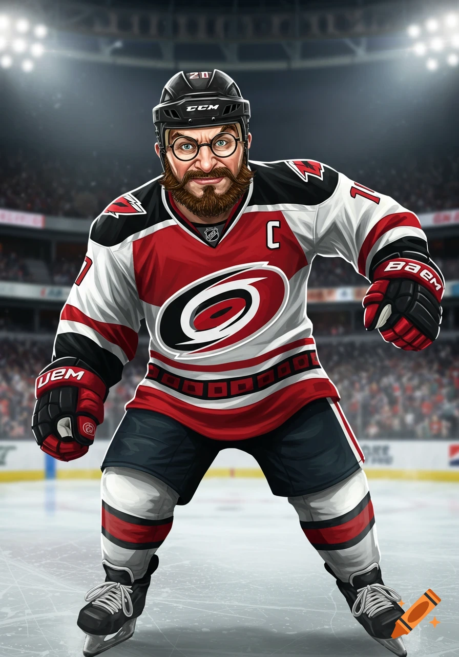 A cartoon-style image of a bearded man wearing glasses and a red, white, and black Carolina Hurricanes hockey uniform, standing on ice in an arena.
