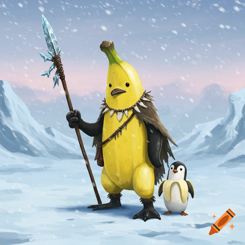 A cartoon banana-penguin character with a cloak and spear stands in a snowy landscape next to a smaller banana-peeled penguin.