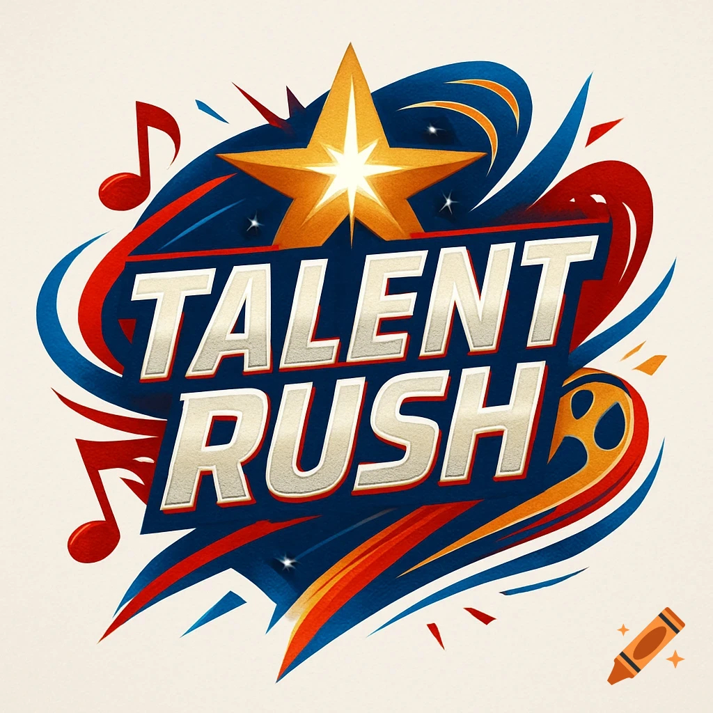 Stylized 'TALENT RUSH' logo featuring a gleaming gold star, musical notes, and dynamic red and blue swooshes.