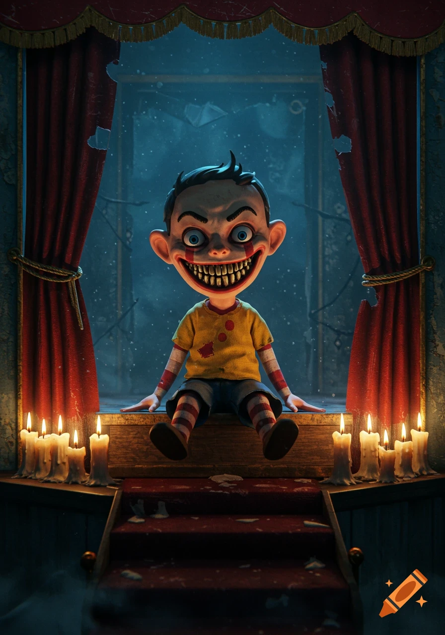An evil-looking puppet with a wide, toothy grin sits on a dark stage amidst red curtains and lit candles, in a digital art style.