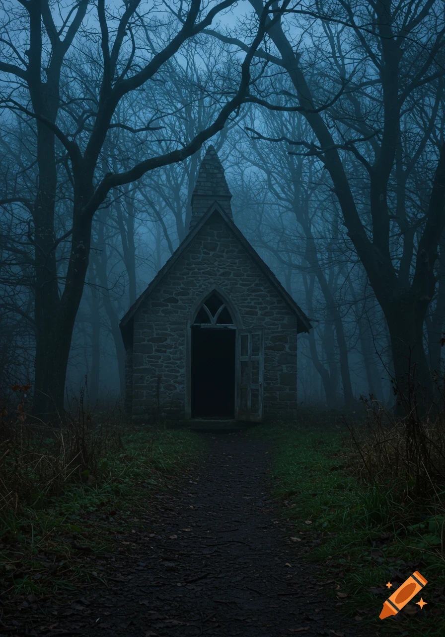 A dark, eerie stone chapel with an open door stands at the end of a dirt path in a foggy, bare forest.