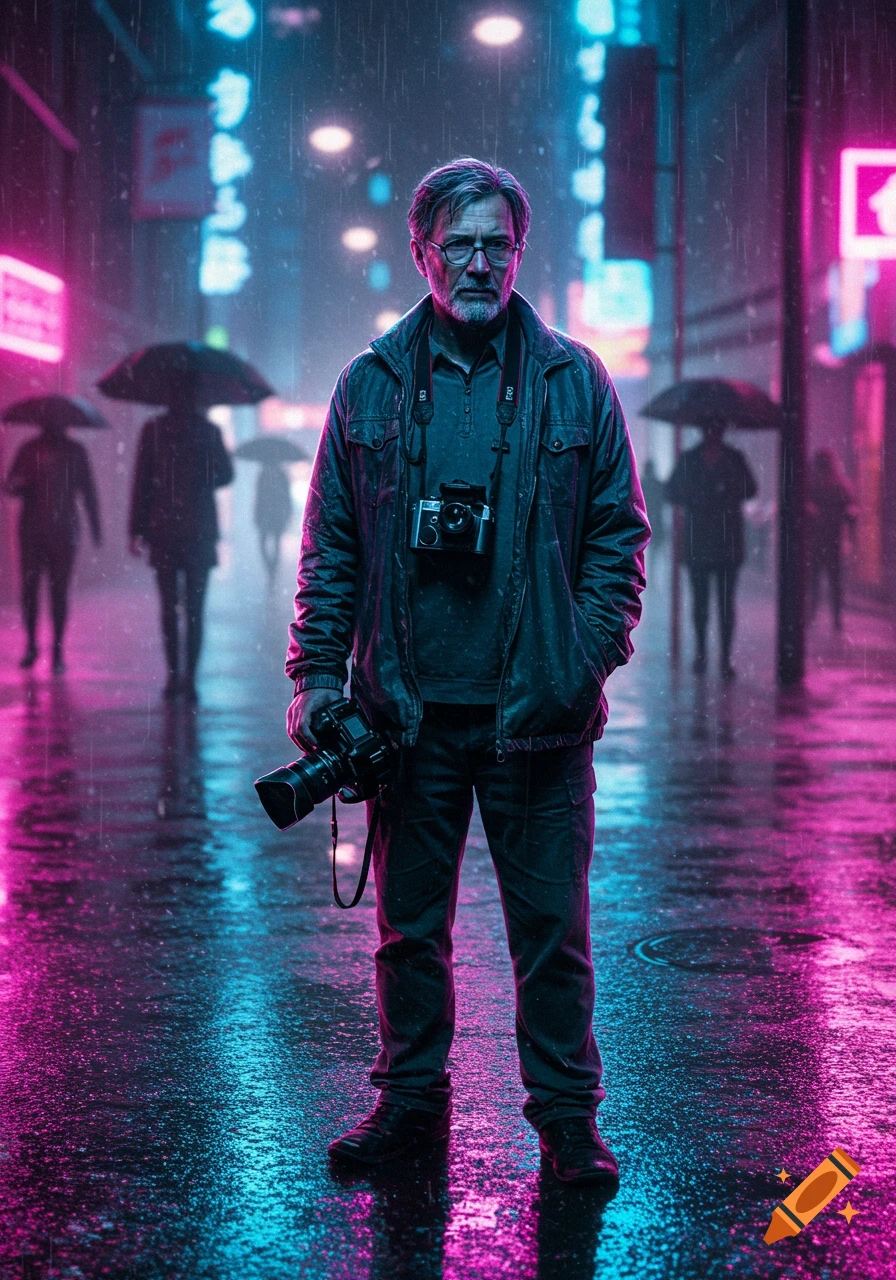 A stoic photojournalist with two cameras stands in the rain on a neon-lit, wet city street at night.