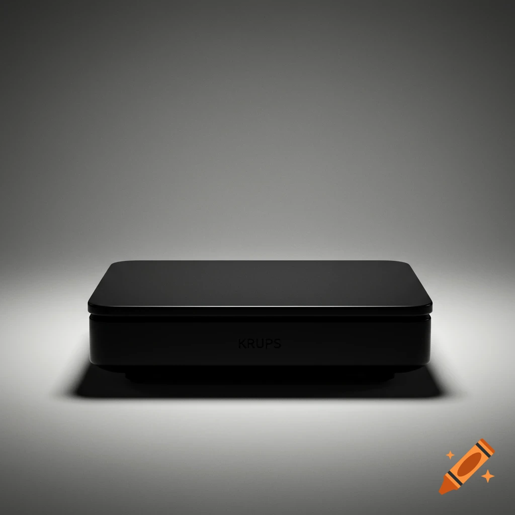 A minimalist product shot of a black KRUPS kitchen scale with rounded corners, dramatically lit against a gray background.