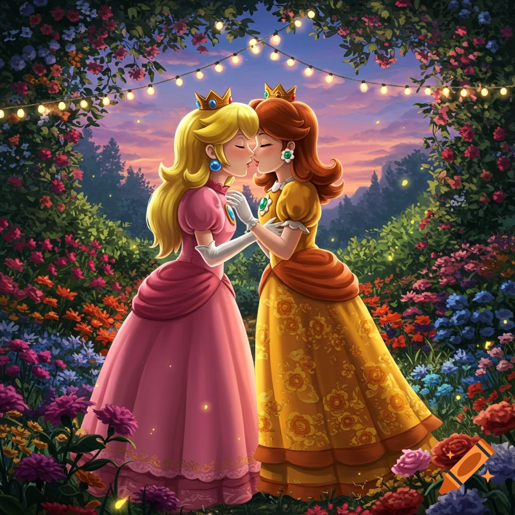 Princess Peach and Princess Daisy share a kiss in an enchanted garden with string lights and colorful flowers at sunset, in a digital illustration style.