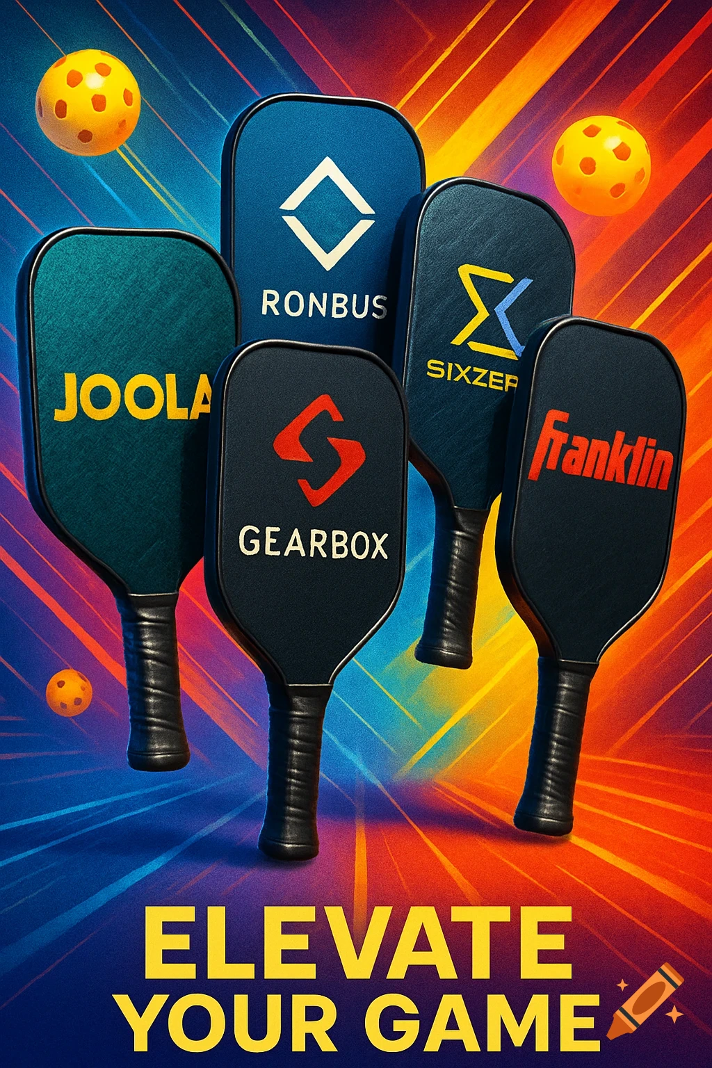 A vibrant poster with five pickleball paddles, pickleballs, and brand names like Joola, Ronbus, Gearbox, Sixzep, Franklin. Text reads 'ELEVATE YOUR GAME'.