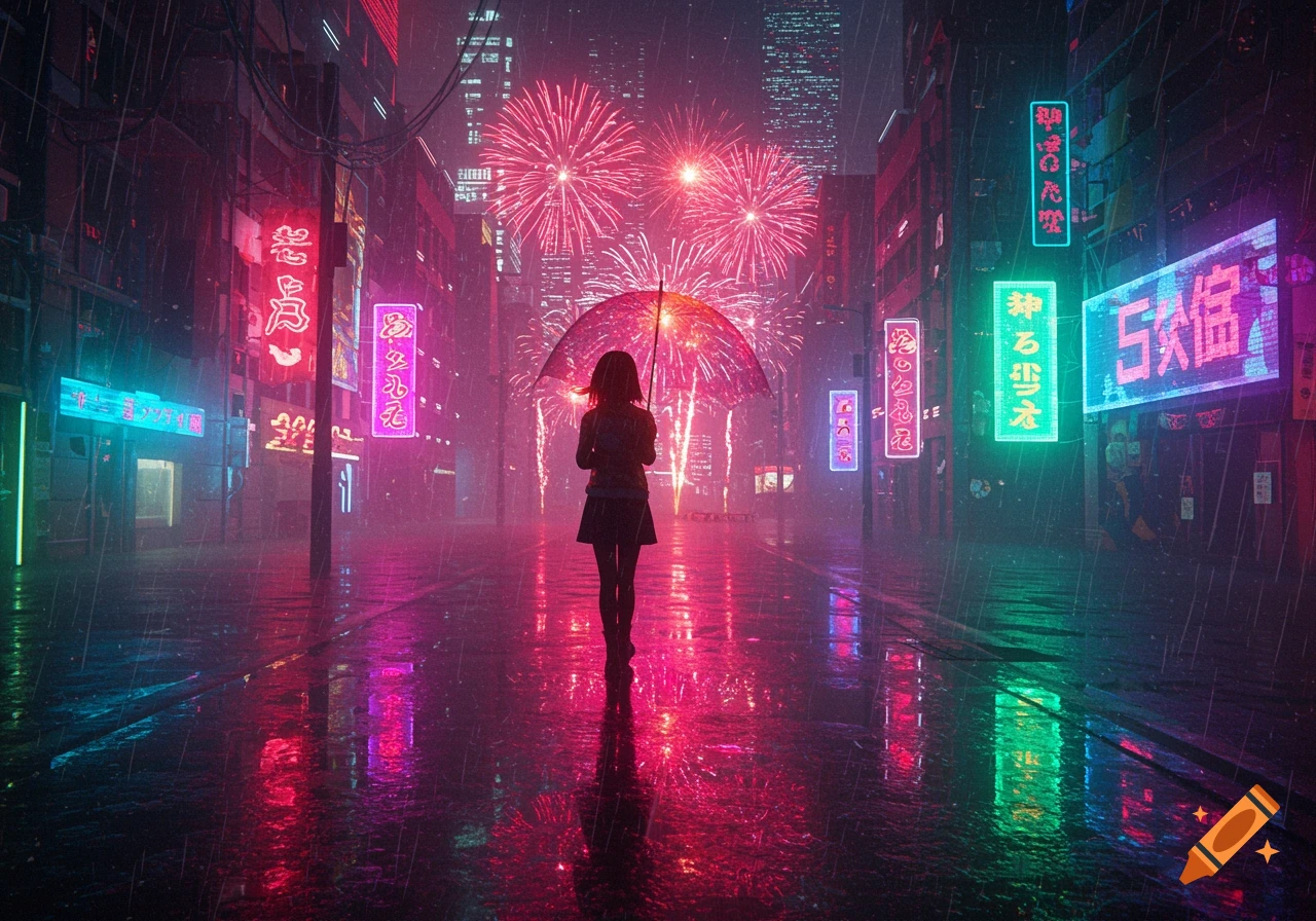 A lone figure with an umbrella walks down a neon-lit, rainy cyberpunk city street with fireworks exploding in the night sky.