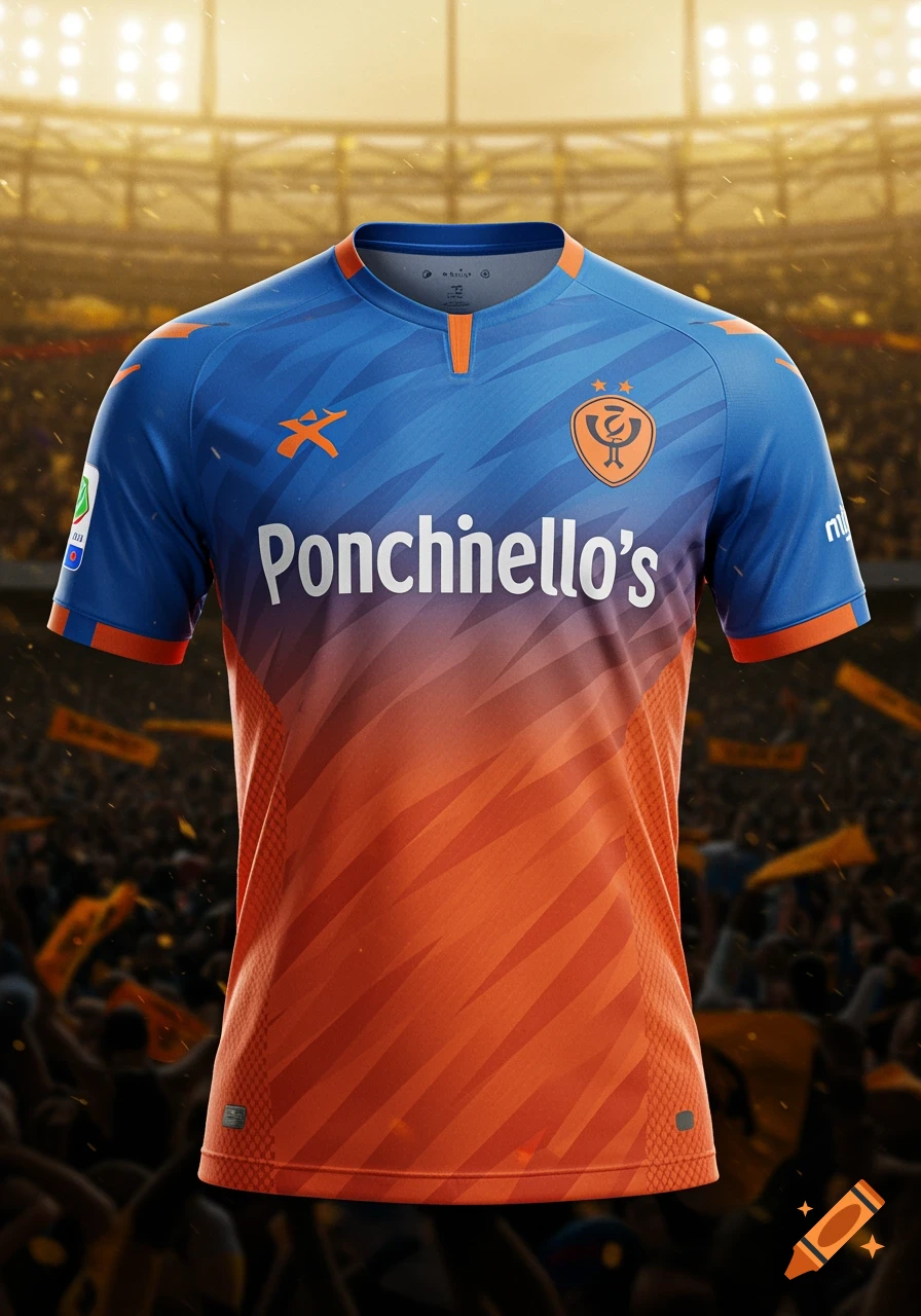 A photorealistic blue and orange football jersey with "Ponchinello's" as the sponsor, displayed in a stadium.